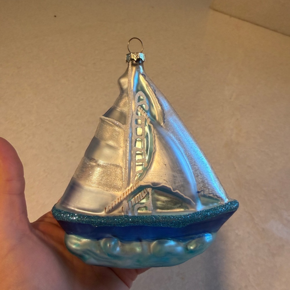 Blue and Silver Sailboat Blown Glass Ornament